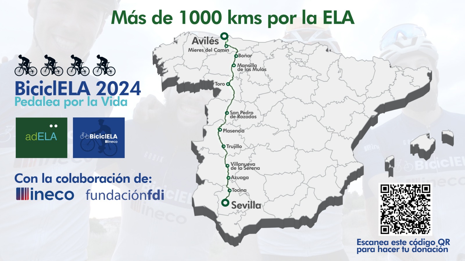 Mapa de España con la ruta que seguirán los ciclistas participantes en el reto BiciclELA