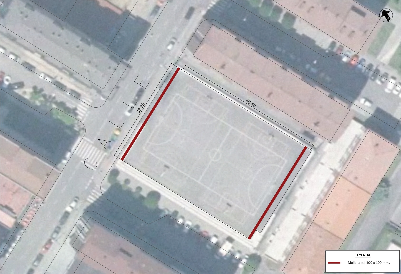 Vista aérea de la pista de la calle Valdés Salas. En rojo, los fondos en los que se actuará